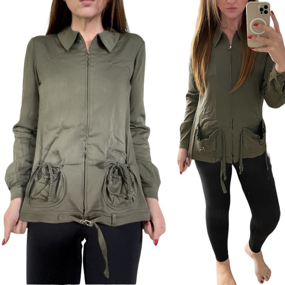 Christian Dior Olive Green Twill Jacket 10 zip front belted logo braided